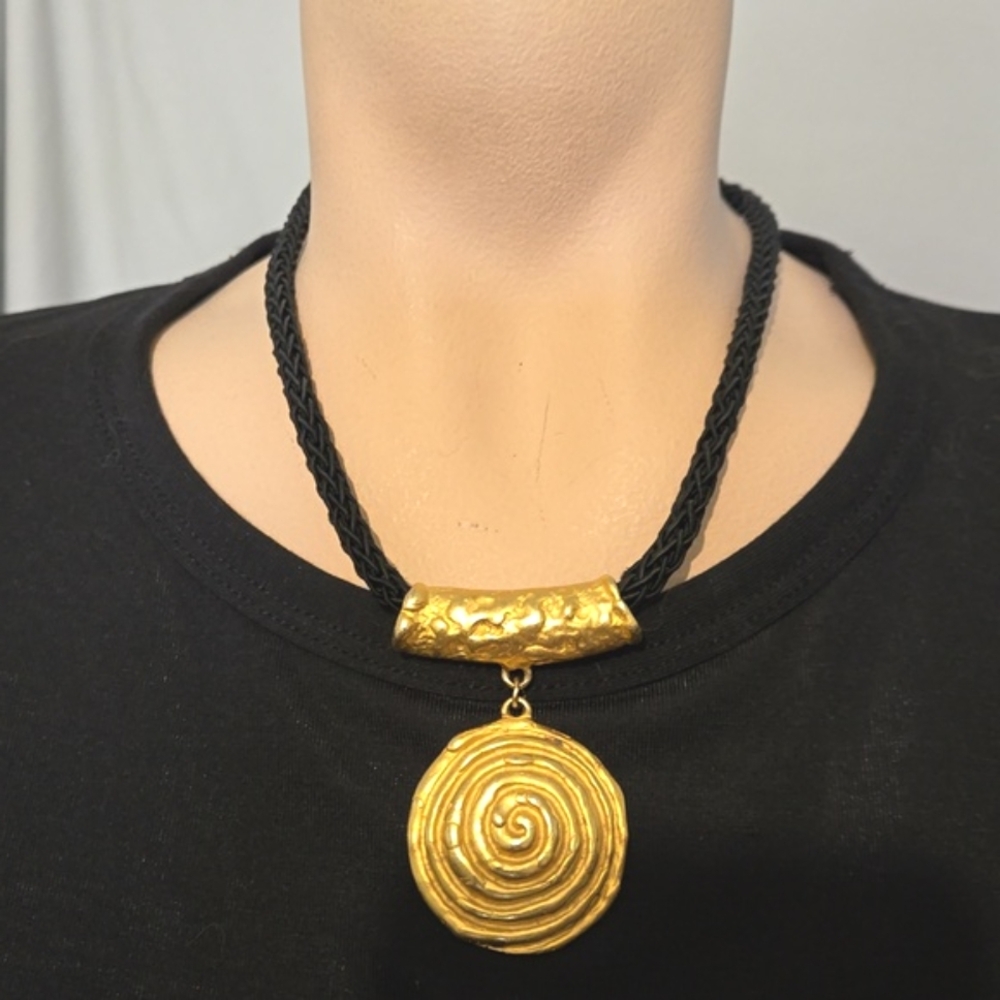Unique Vintage gold disk, Black Cord necklace